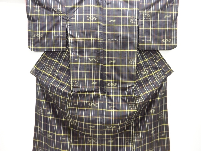 格子に絣柄織出し米沢紬着物アンサンブル